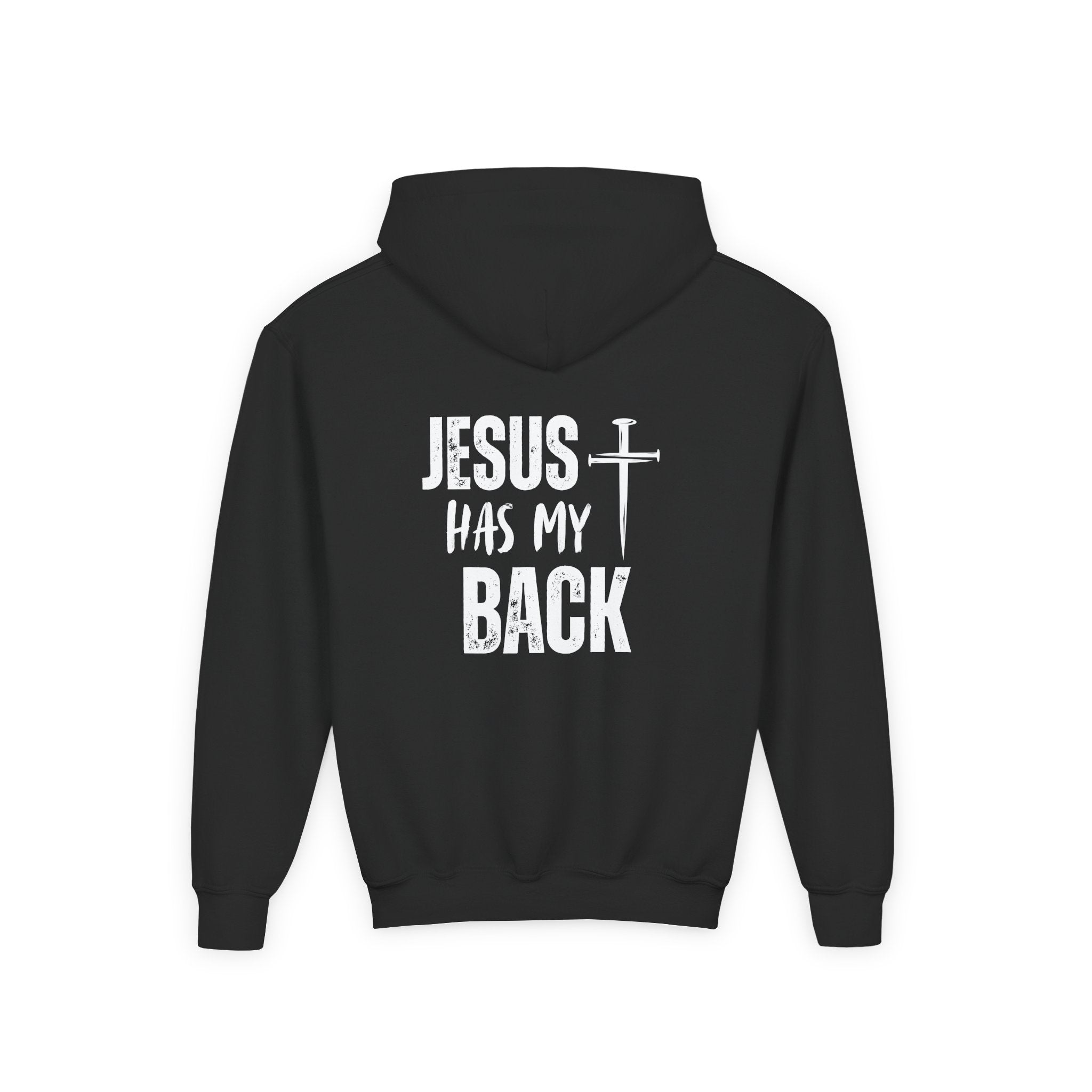 Youth Hoodie - "Jesus Has My Back" Cross Faith Graphic