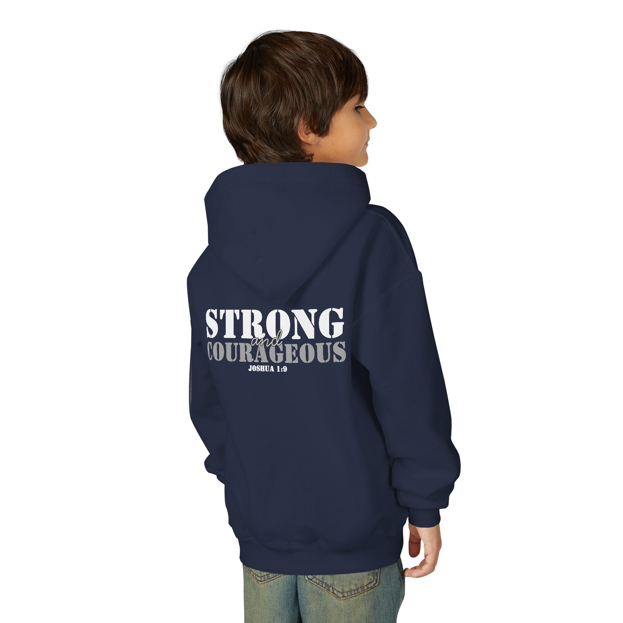 Youth Hoodie — "Strong & Courageous" Inspirational Christian Sweatshirt (Joshua 1:9)