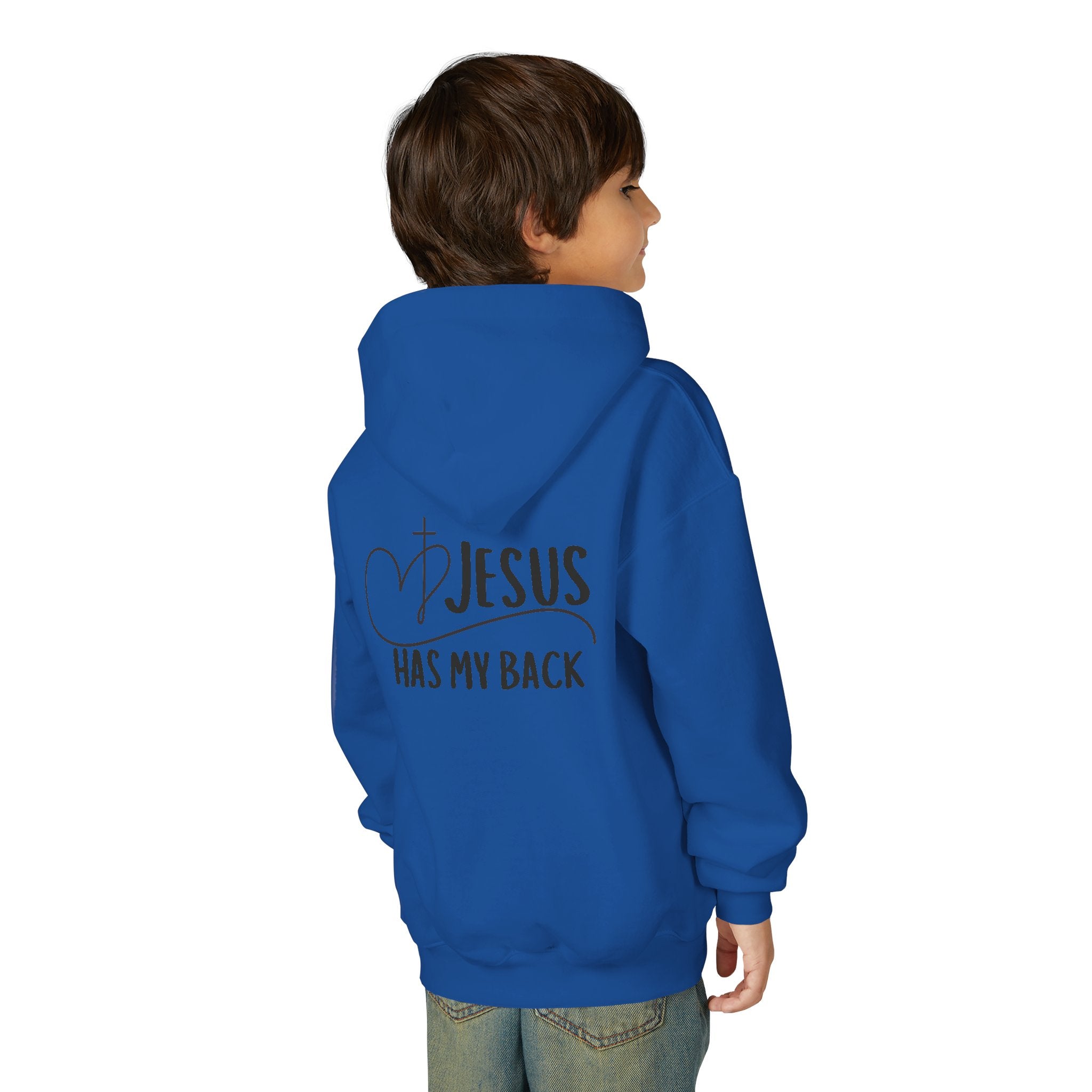 Youth Hoodie — "Jesus Has My Back" Christian Heart Cross Sweatshirt