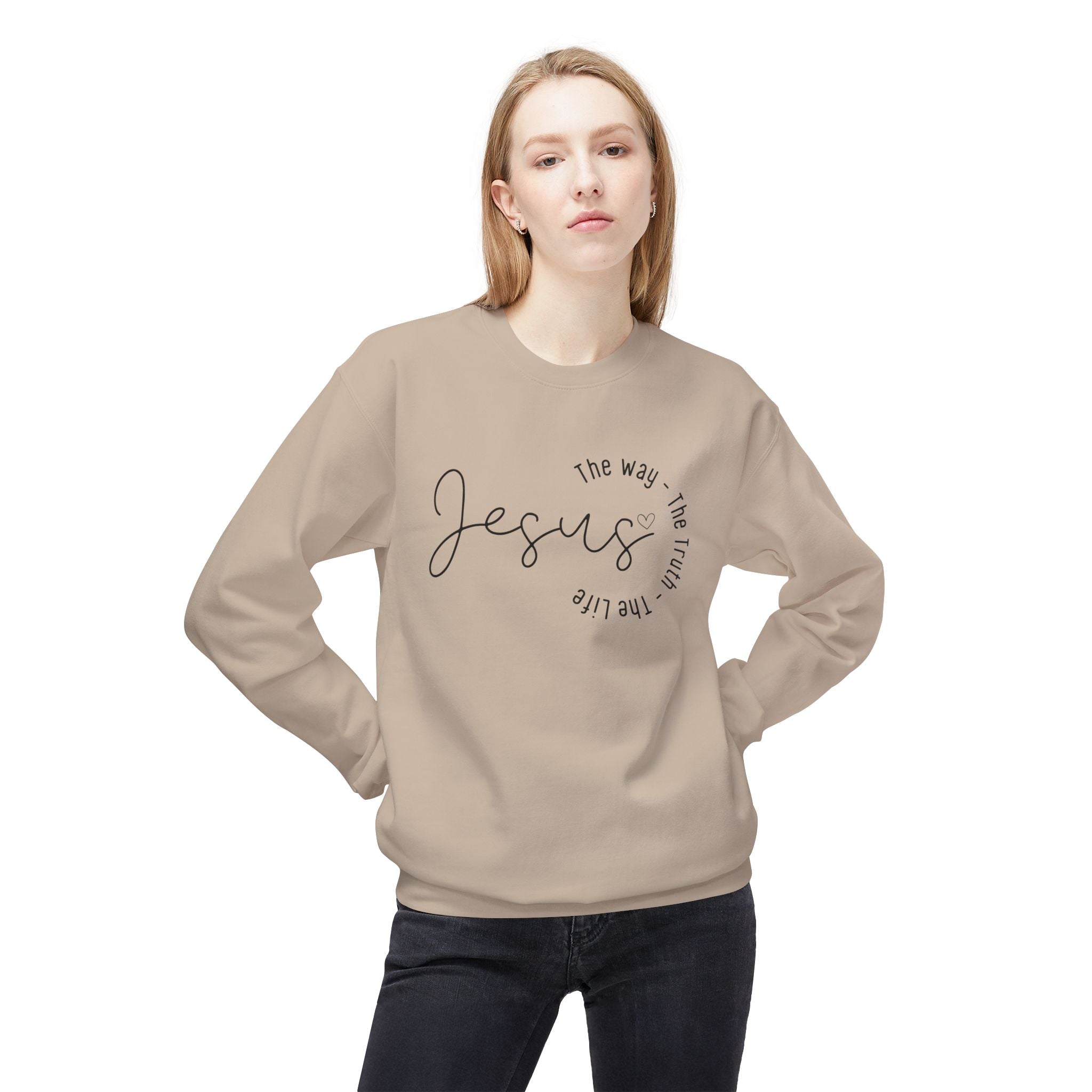 Jesus Circle Script Crewneck Sweatshirt — "Jesus: The Way, The Truth, The Life" Christian Pullover