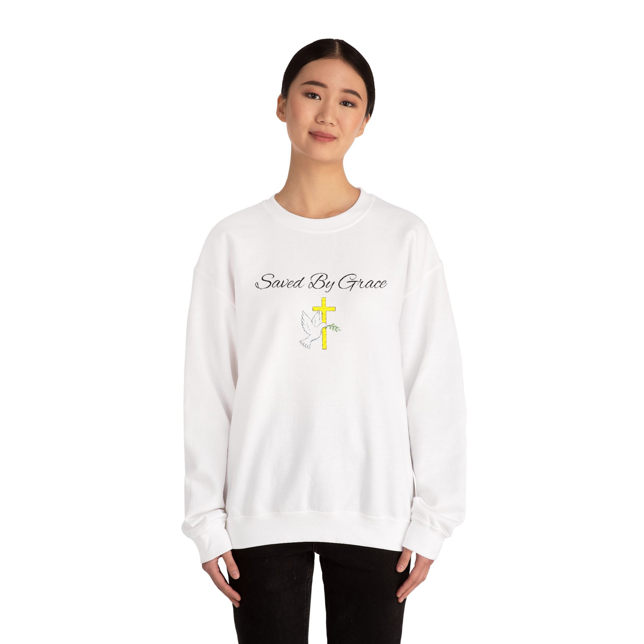 Embroidered Saved By Grace Ephesians 2:8-9 Unisex Heavy Blend Crewneck Sweatshirt