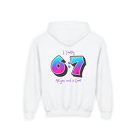 Back design - Youth Hoodie — 'I Timothy 6:7' Colorful Faith Graphic Hoodie (All You Need Is God)