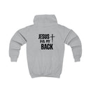 Softstyle Kids Hoodie — "Jesus Has My Back" Christian Youth Pullover with Cross