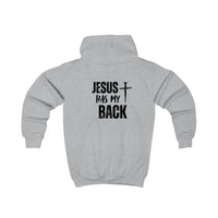 Softstyle Kids Hoodie — "Jesus Has My Back" Christian Youth Pullover with Cross