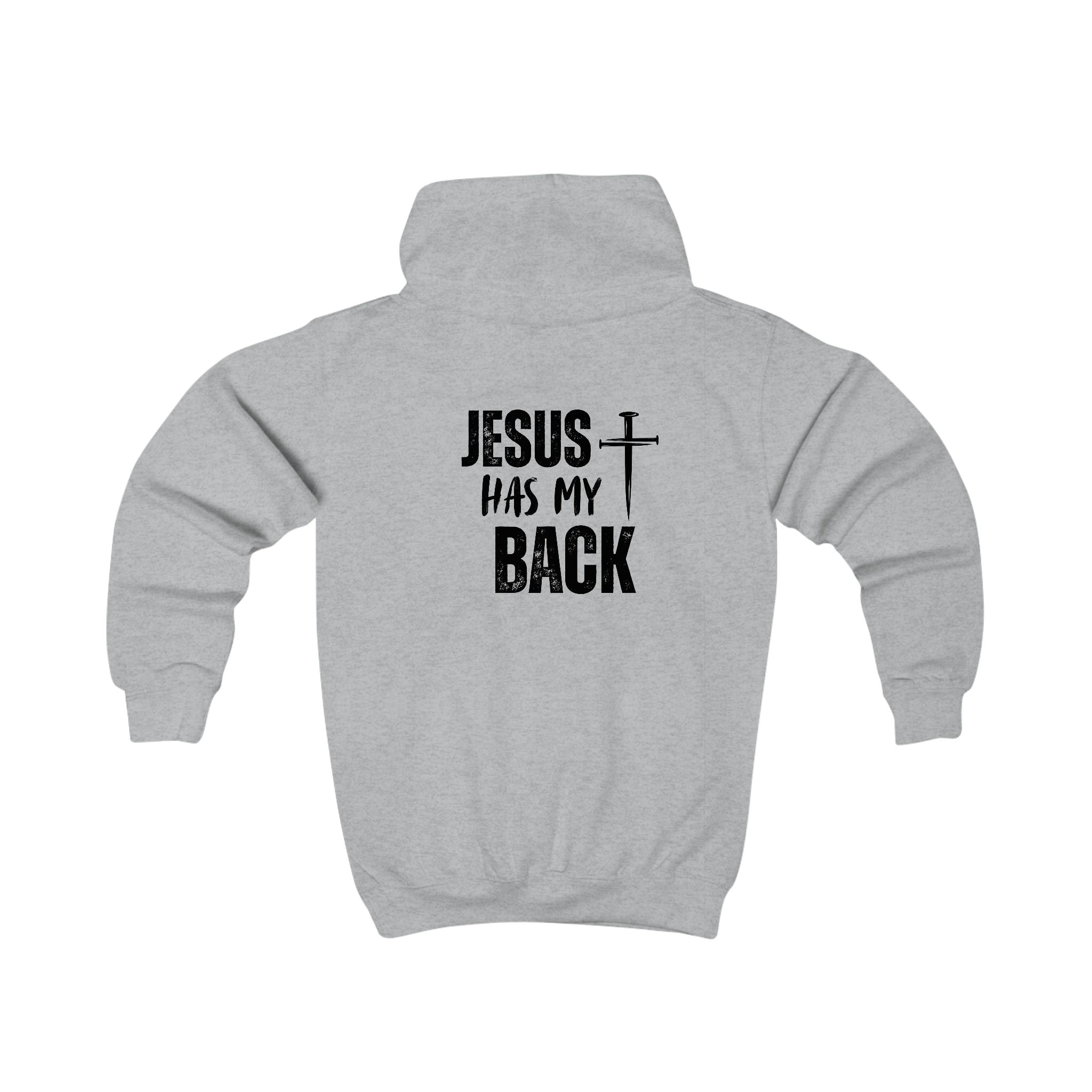 Softstyle Kids Hoodie — "Jesus Has My Back" Christian Youth Pullover with Cross