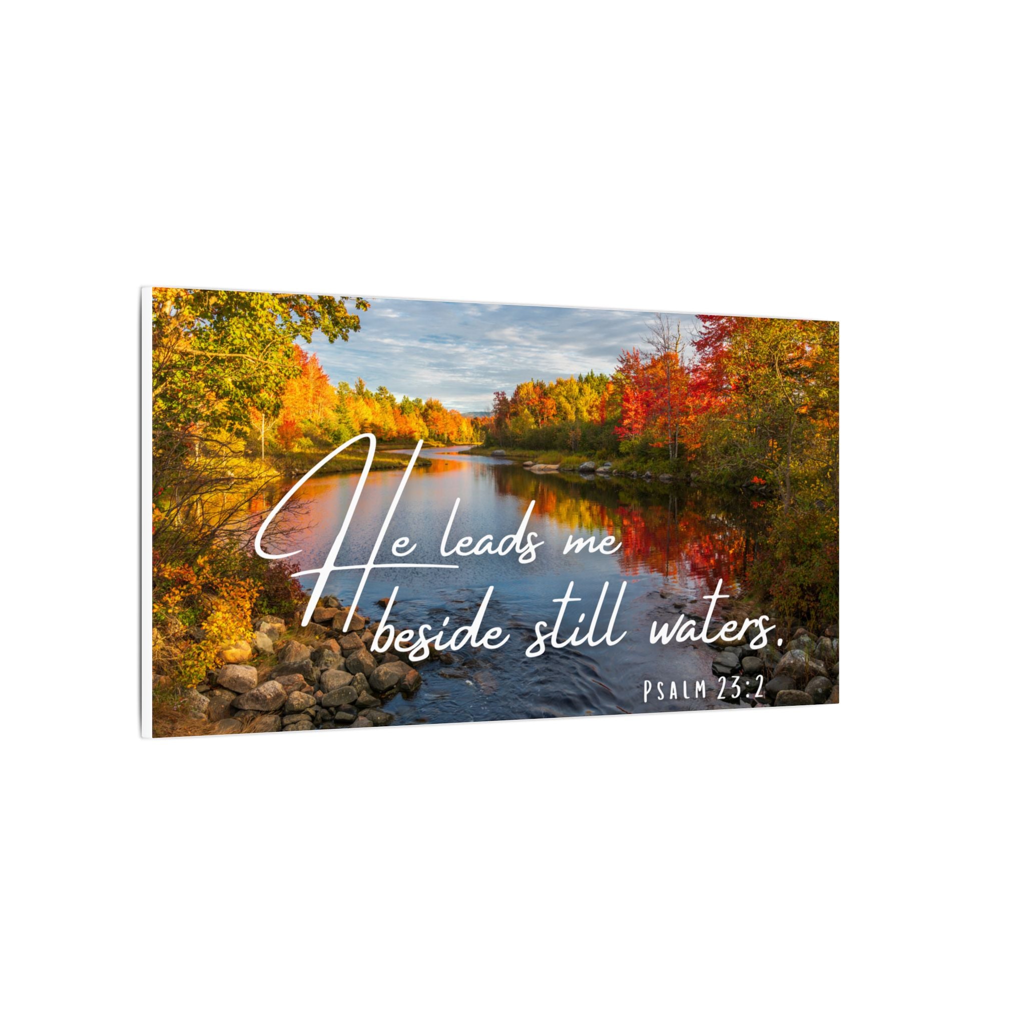 He Leads Me Beside Still Waters Matte Canvas Wall Art — Psalm 23:2 Autumn River Religious Decor