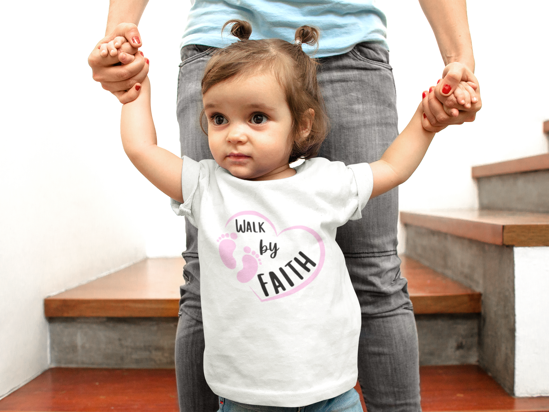 Infant Tee - "Walk by Faith" Pink Heart & Footprints Baby Shirt