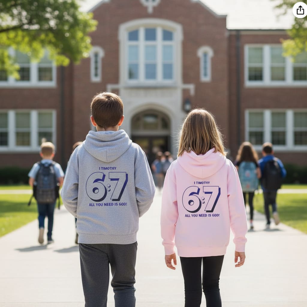 Youth Hoodie — "6:7" 1 Timothy Faith Hoodie, "All You Need Is God" Christian Sweatshirt