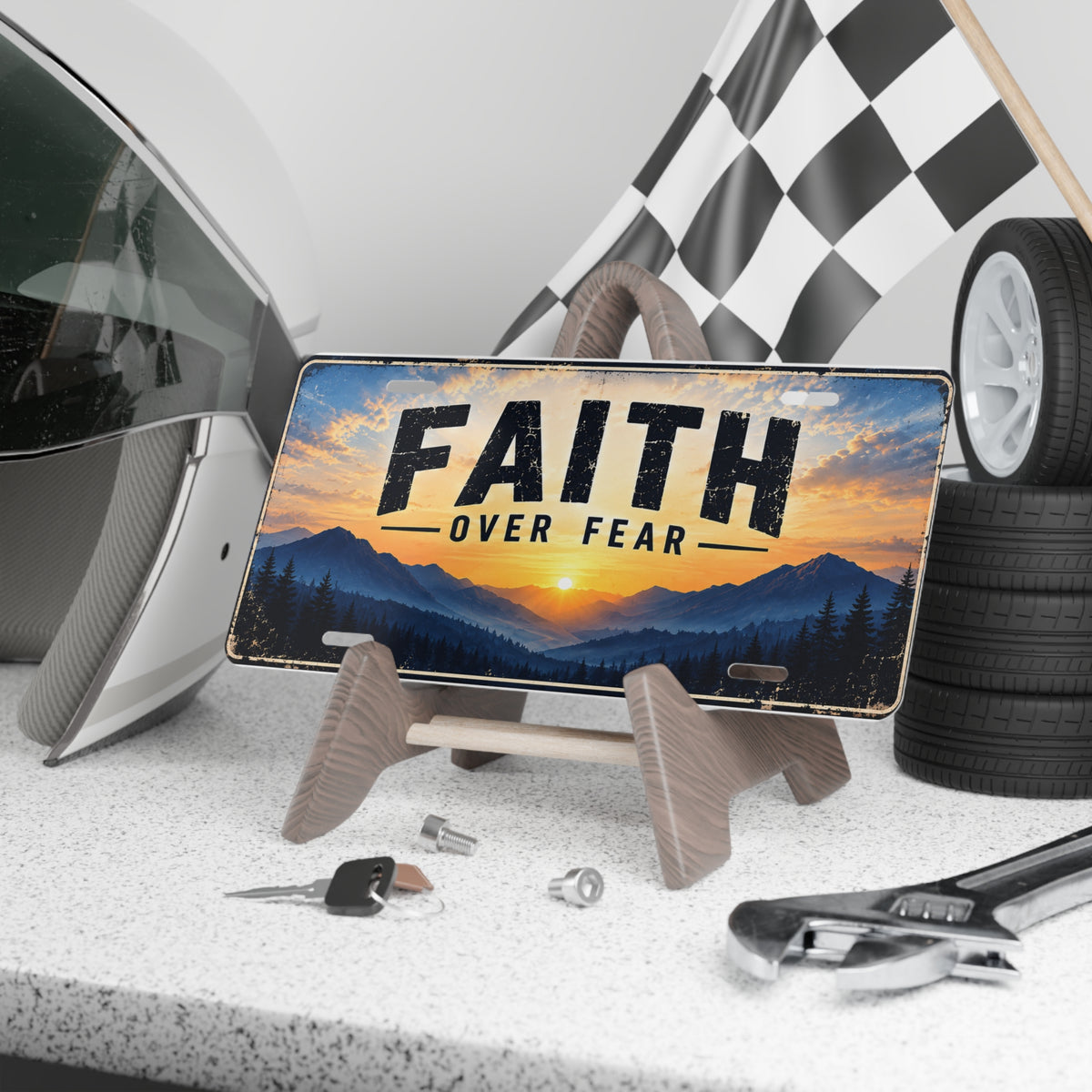 Faith Over Fear Christian Vanity Plate – Sunrise Mountains