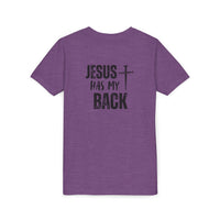 Back design - Youth Tee - "Jesus Has My Back" Cross Christian Graphic Shirt