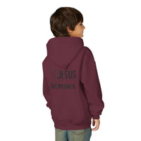 Youth Hoodie — "Jesus Has My Back" Christian Heart Cross Sweatshirt