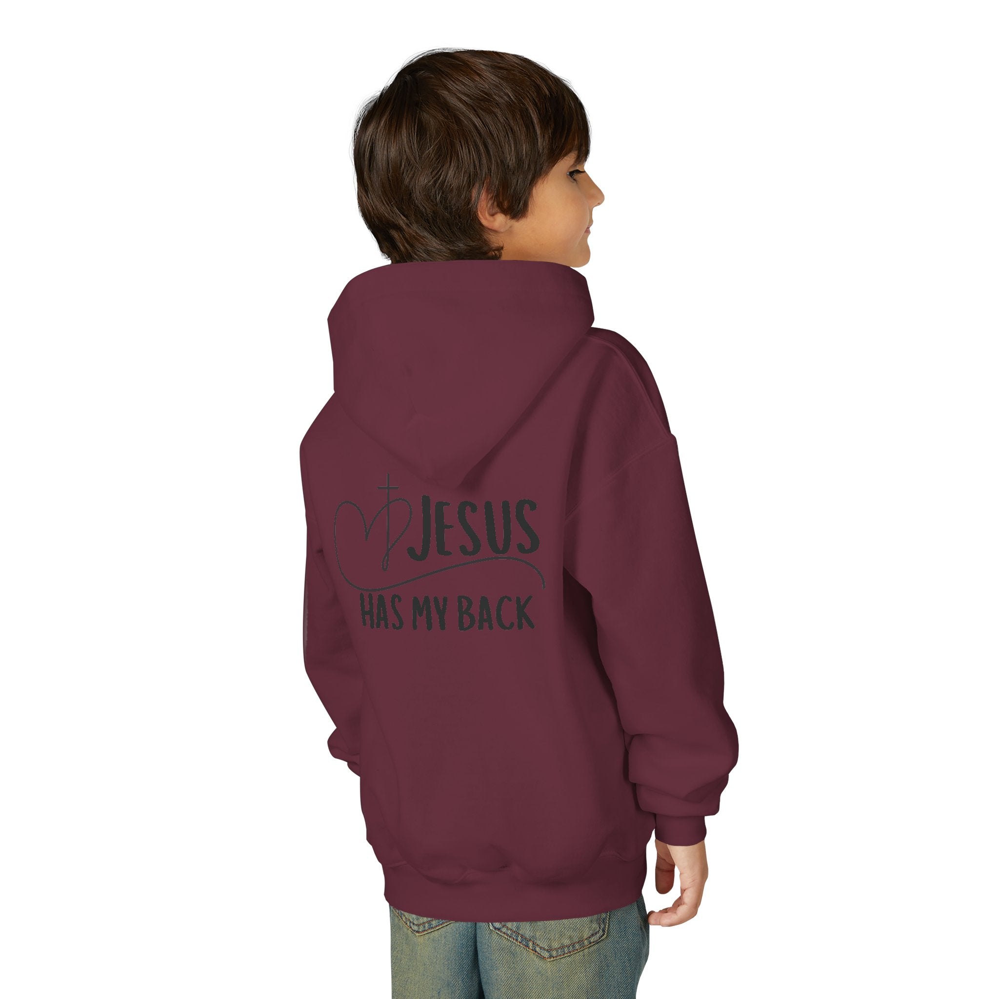 Youth Hoodie — "Jesus Has My Back" Christian Heart Cross Sweatshirt