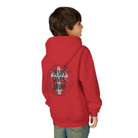 Back design Youth Hoodie - "Jesus Saves, Bruh!" Cross Christian Pullover