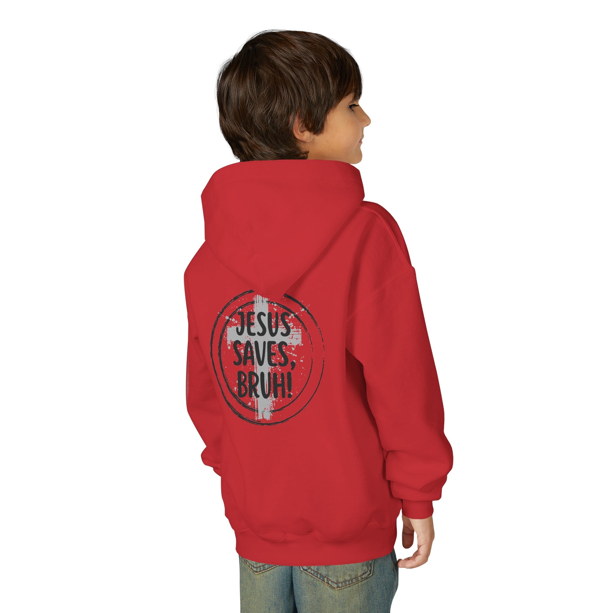 Back design Youth Hoodie - "Jesus Saves, Bruh!" Cross Christian Pullover