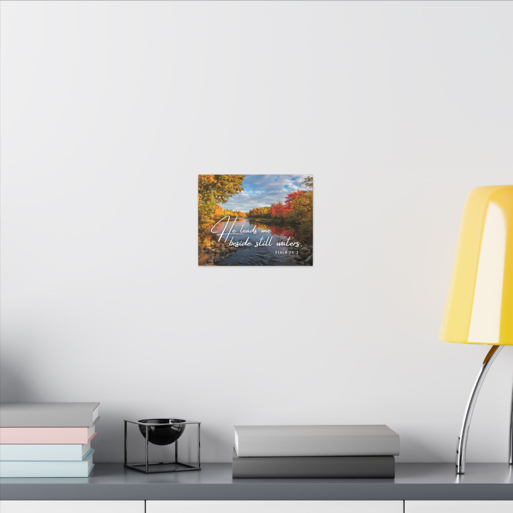 He Leads Me Beside Still Waters Matte Canvas Wall Art — Psalm 23:2 Autumn River Religious Decor
