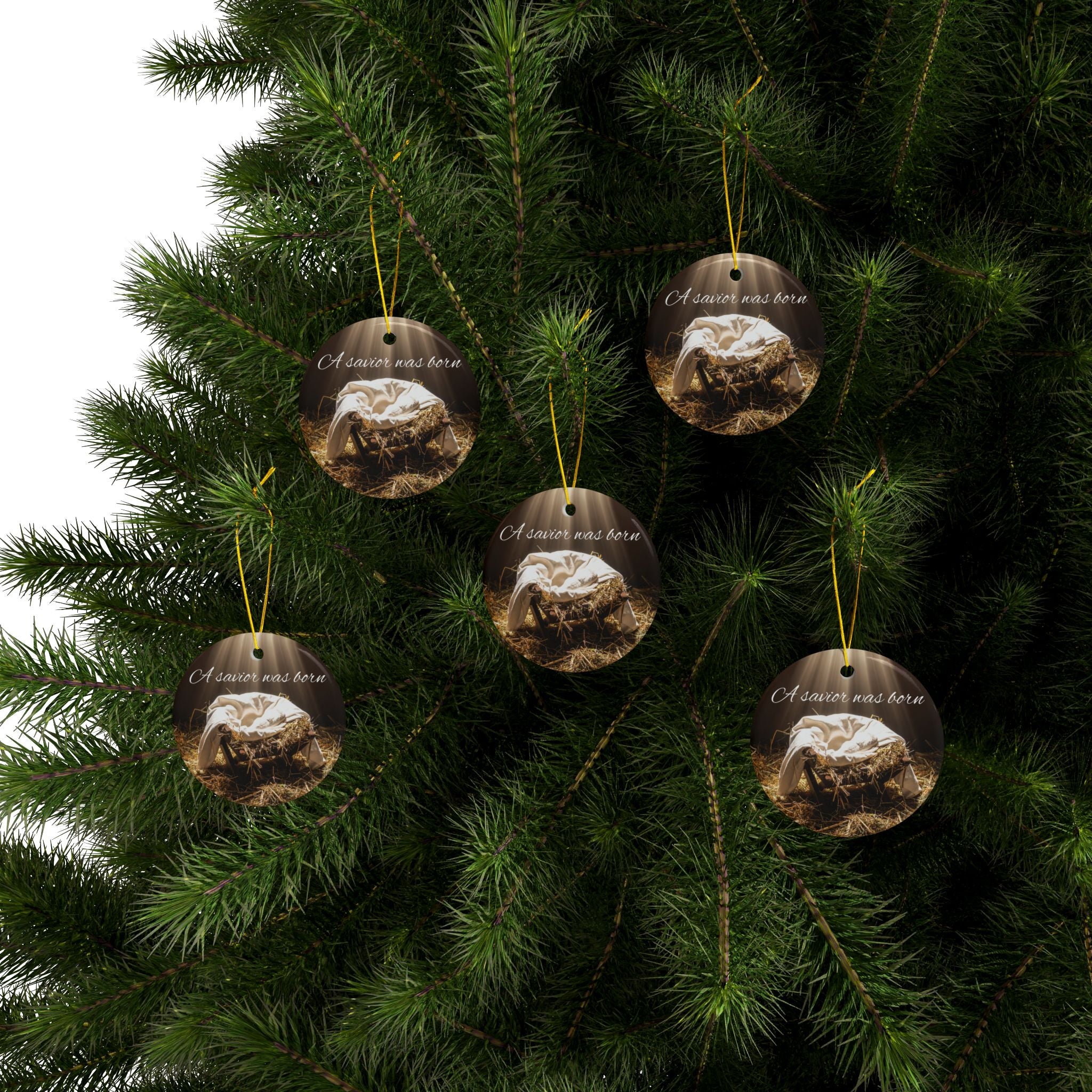 Ceramic Ornament — "A Savior Was Born" Nativity Christmas Tree Decoration