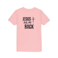 Back design - Youth Tee - "Jesus Has My Back" Cross Christian Graphic Shirt