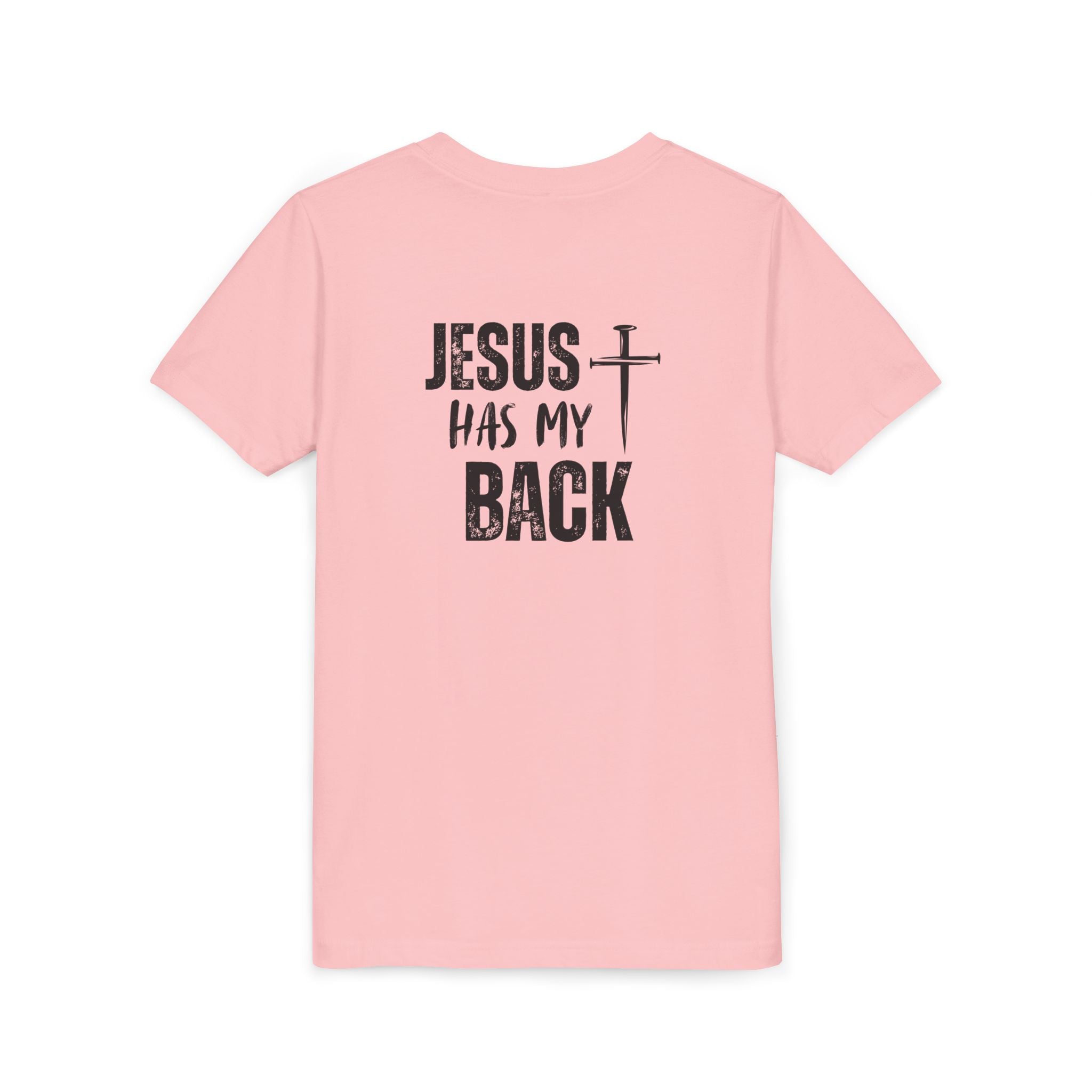 Back design - Youth Tee - "Jesus Has My Back" Cross Christian Graphic Shirt