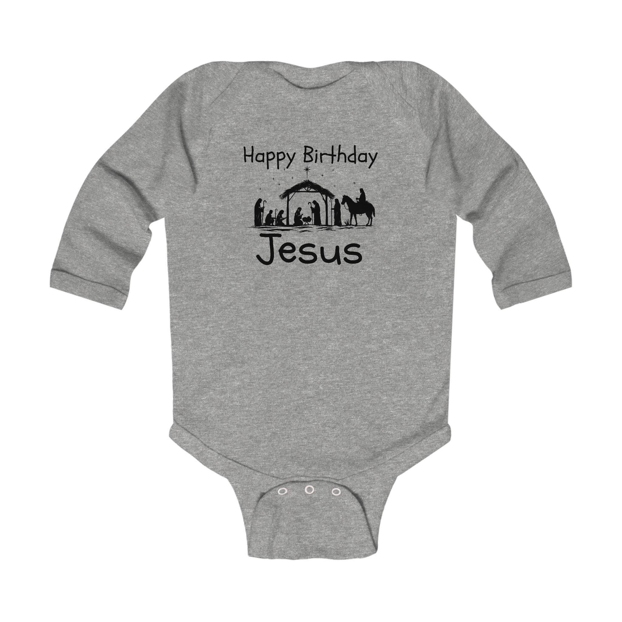 Infant Bodysuit - "Happy Birthday Jesus" Nativity Baby Onesie (Long Sleeve)