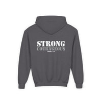 Youth Hoodie — "Strong & Courageous" Inspirational Christian Sweatshirt (Joshua 1:9)