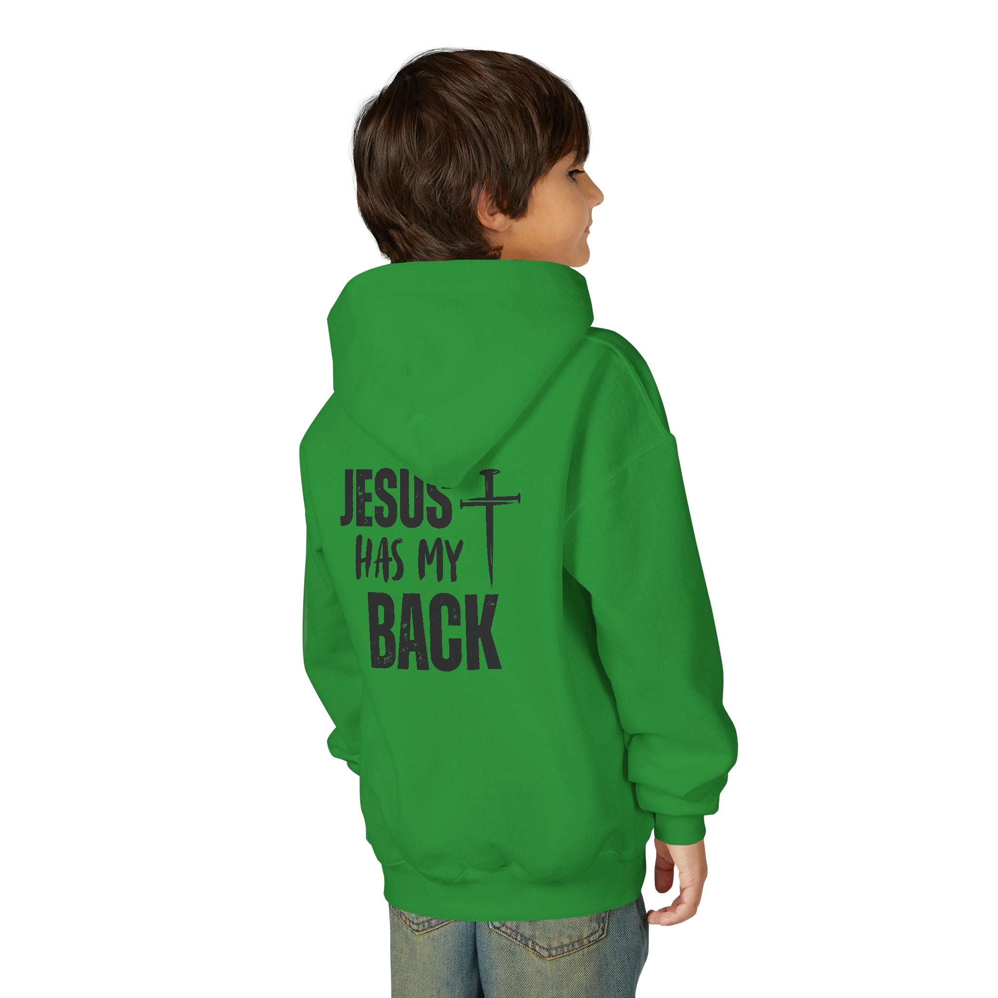 Youth Hoodie - "Jesus Has My Back" Cross Faith Graphic