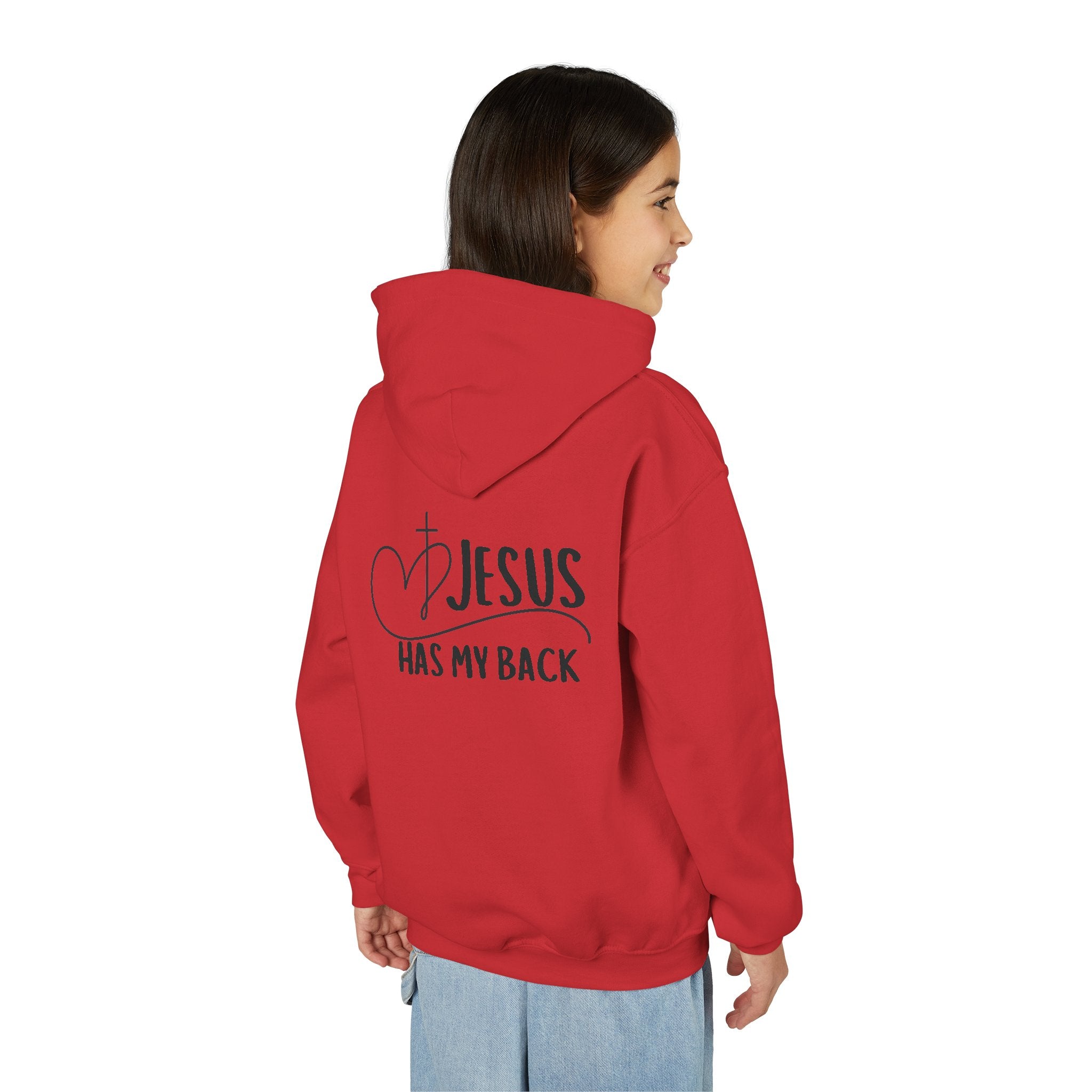 Youth Hoodie — "Jesus Has My Back" Christian Heart Cross Sweatshirt