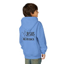 Youth Hoodie — "Jesus Has My Back" Christian Heart Cross Sweatshirt