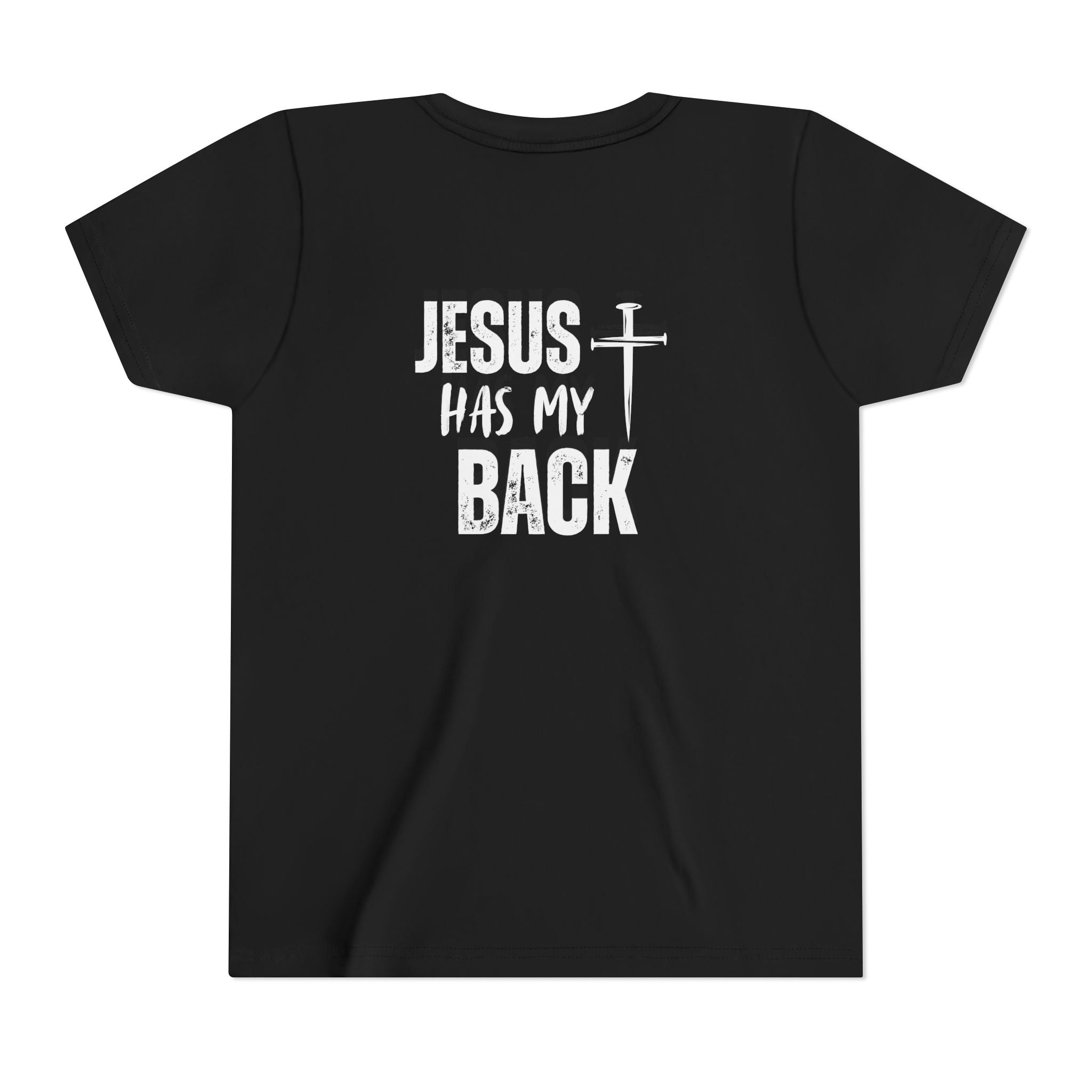Back design - Youth Tee - "Jesus Has My Back" Cross Christian Graphic Shirt