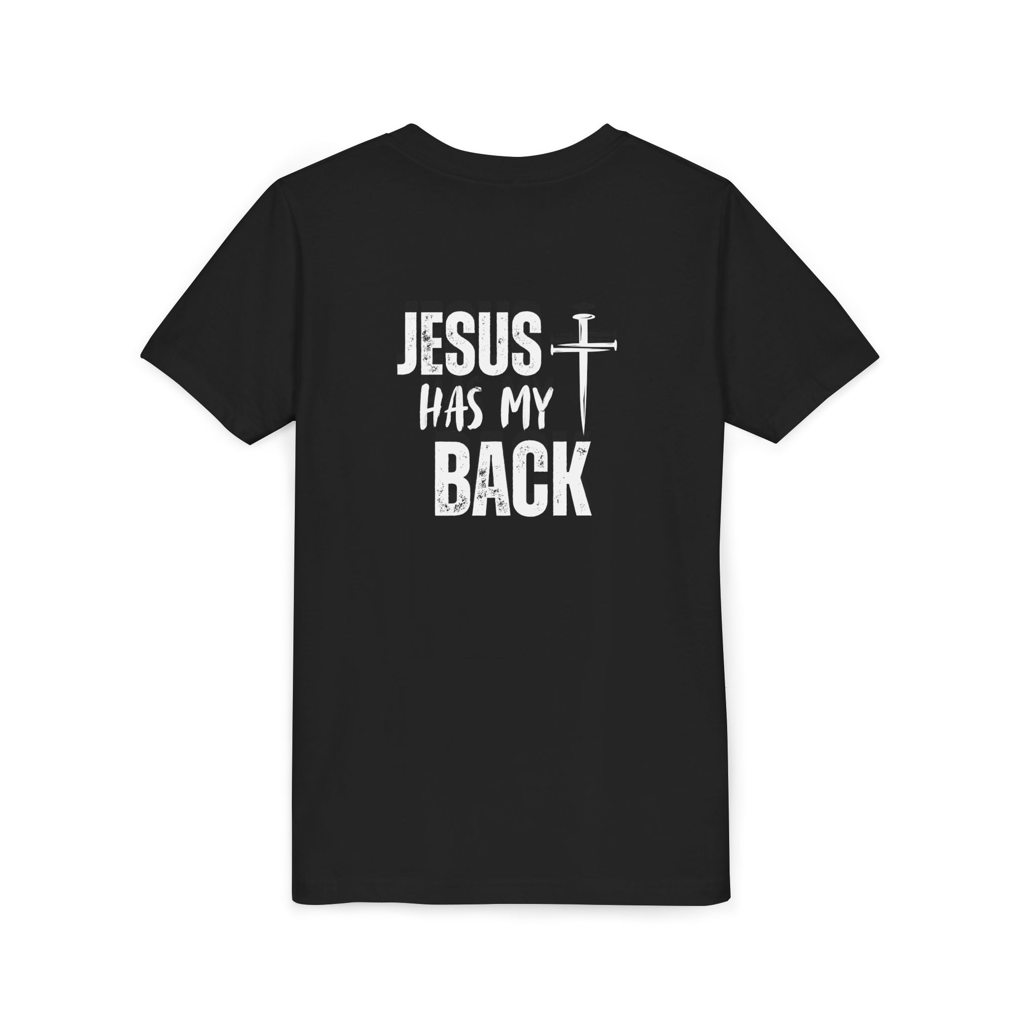 Back design - Youth Tee - "Jesus Has My Back" Cross Christian Graphic Shirt