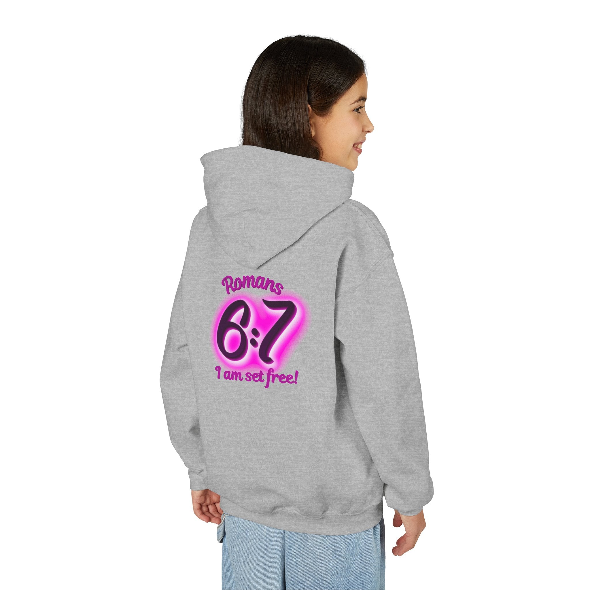Youth Hoodie — 'Romans 6:7 I Am Set Free' Christian Faith Pullover