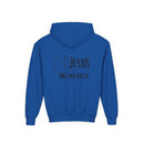 Youth Hoodie — "Jesus Has My Back" Christian Heart Cross Sweatshirt