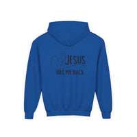 Youth Hoodie — "Jesus Has My Back" Christian Heart Cross Sweatshirt