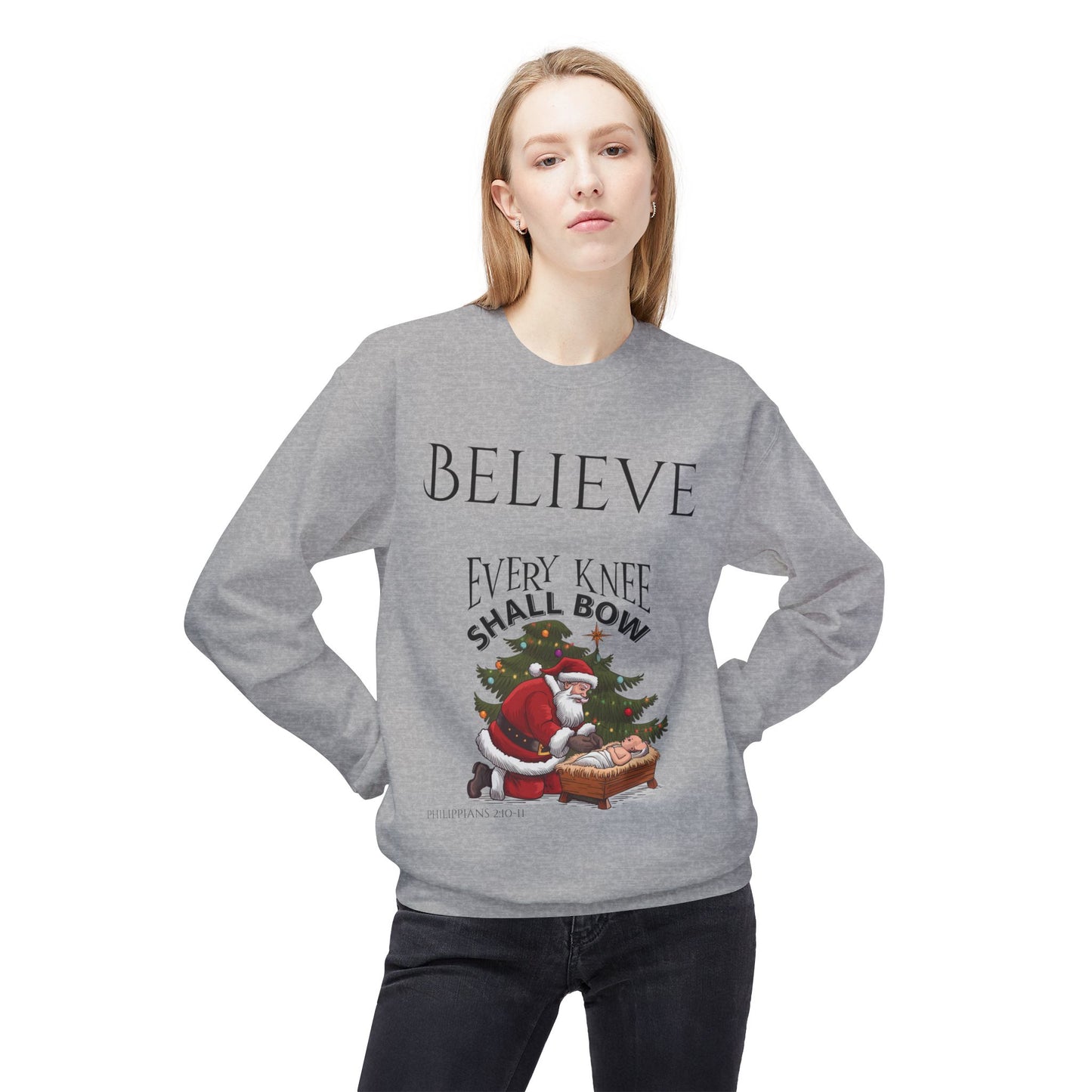 Believe Every Knee Shall Bow Christmas Sweatshirt - Christian Sweatshirts for Women Men - Christmas Sweatshirts for Christians  - Faith Christmas Sweatshirts