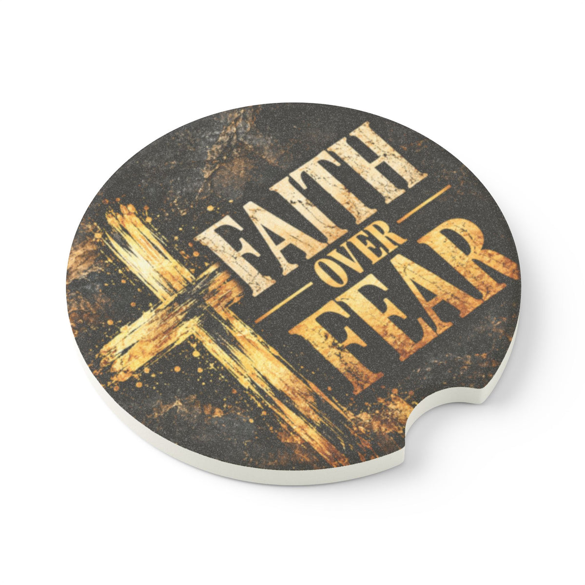 Faith Over Fear – Rustic Cross Christian Car Coaster