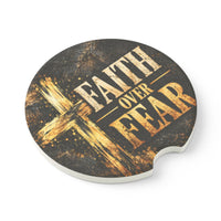 Faith Over Fear – Rustic Cross Christian Car Coaster