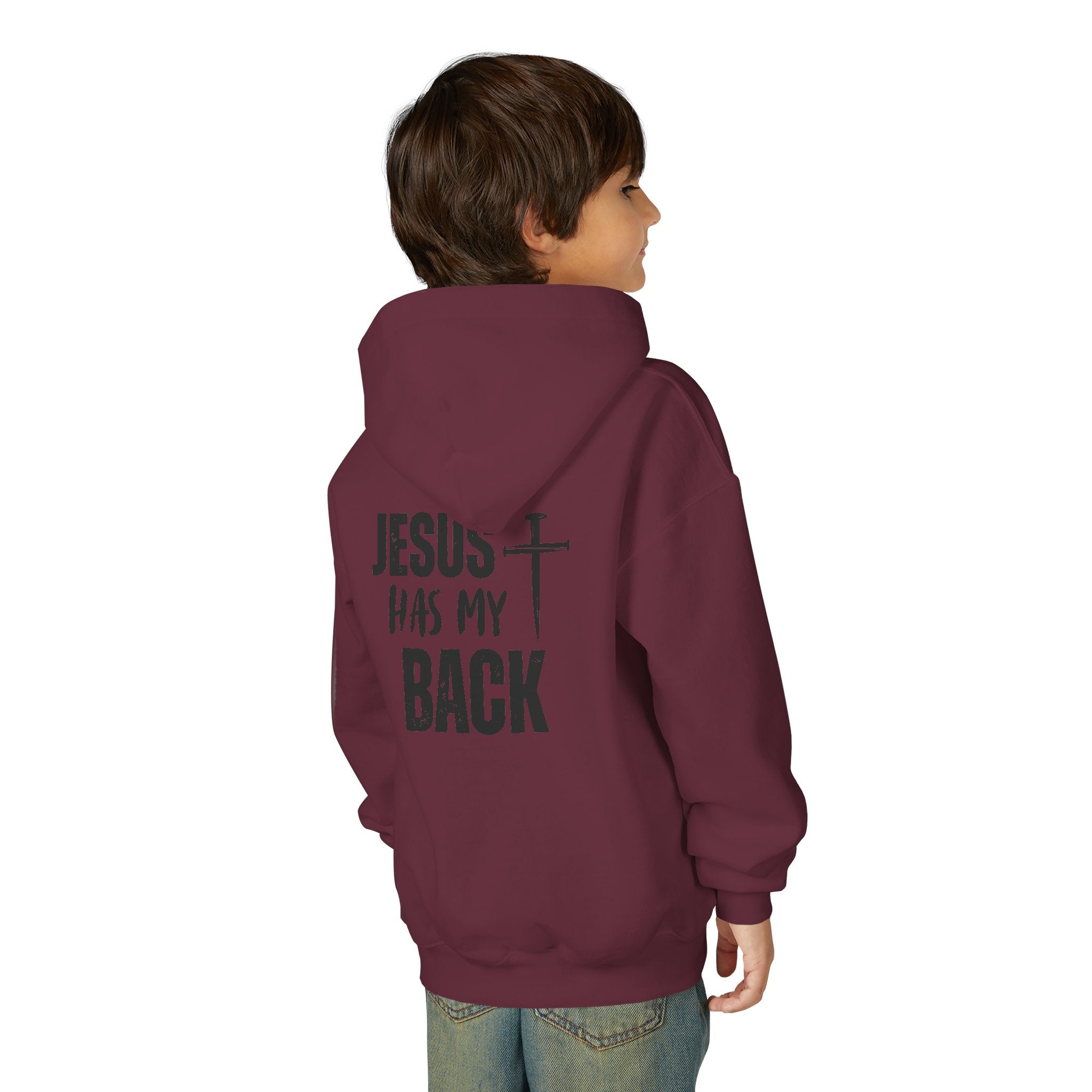 Youth Hoodie - "Jesus Has My Back" Cross Faith Graphic