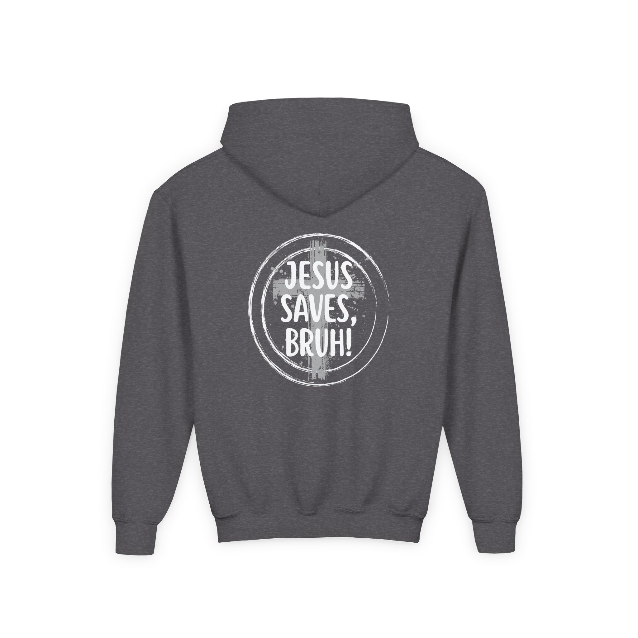 Back design Youth Hoodie - "Jesus Saves, Bruh!" Cross Christian Pullover