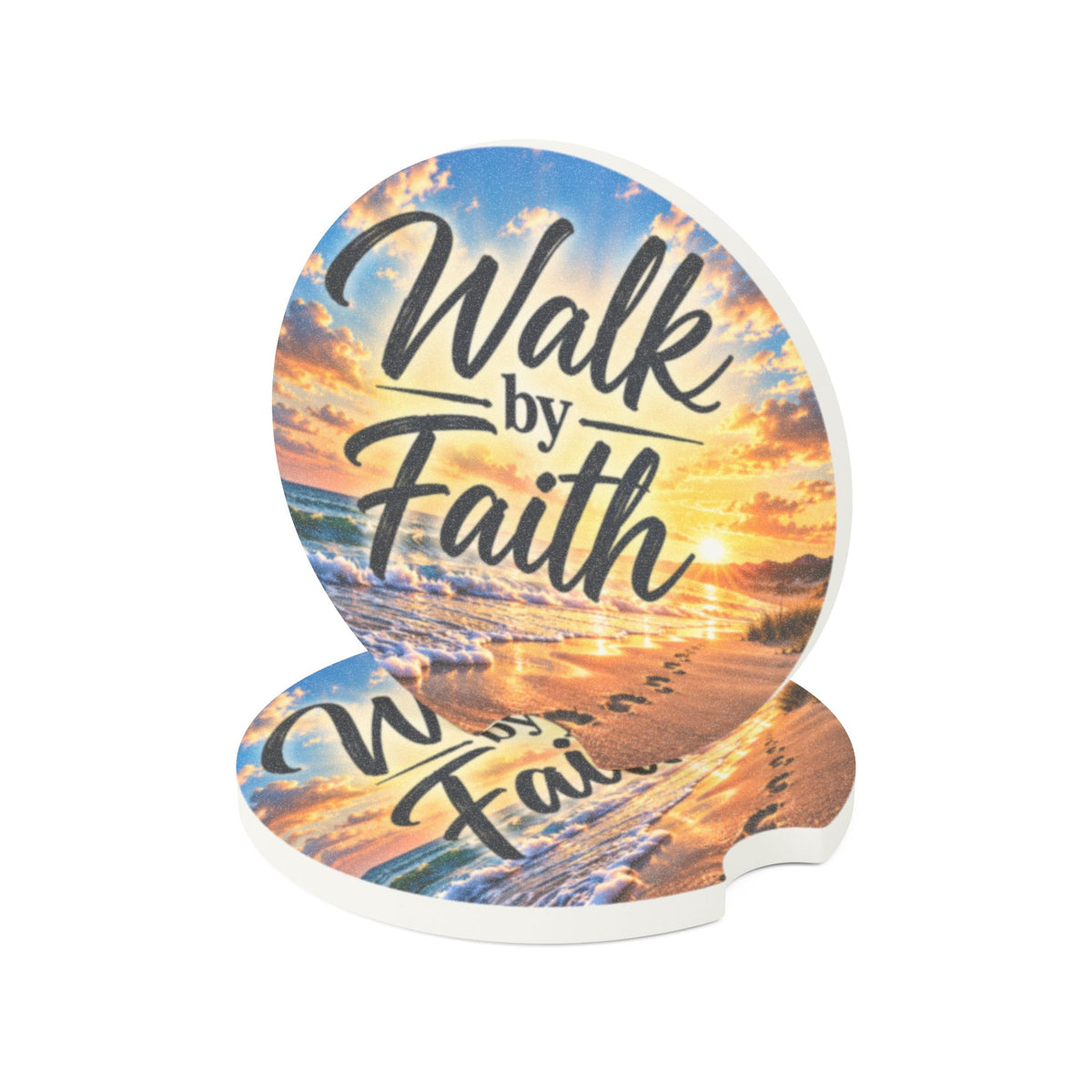 Walk by Faith – Beach Sunrise Christian Car Coaster