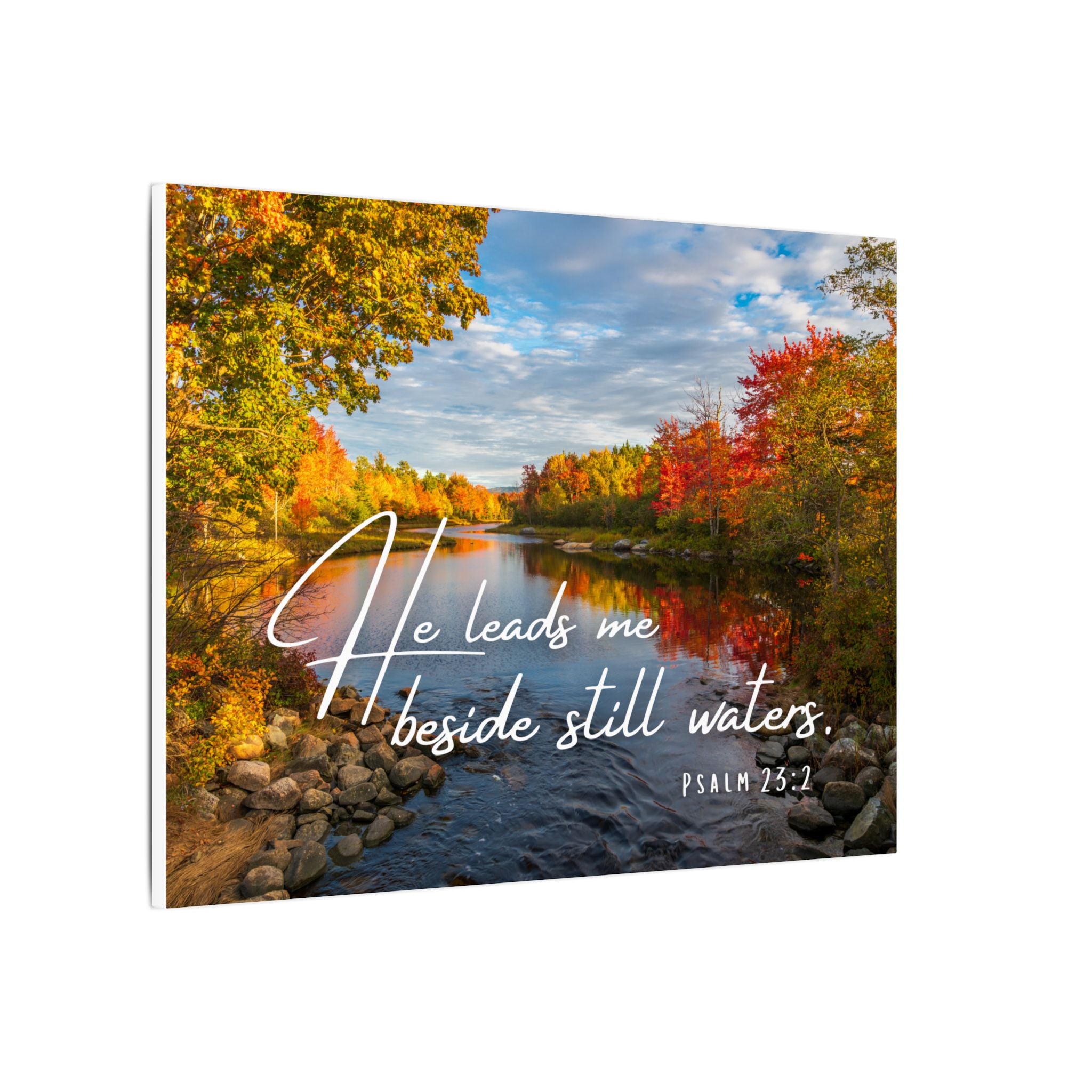 He Leads Me Beside Still Waters Matte Canvas Wall Art — Psalm 23:2 Autumn River Religious Decor
