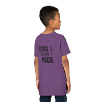 Back design - Youth Tee - "Jesus Has My Back" Cross Christian Graphic Shirt