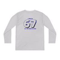 Back design - Youth Long Sleeve Tee — 1 Timothy 6:7 Faith Shirt