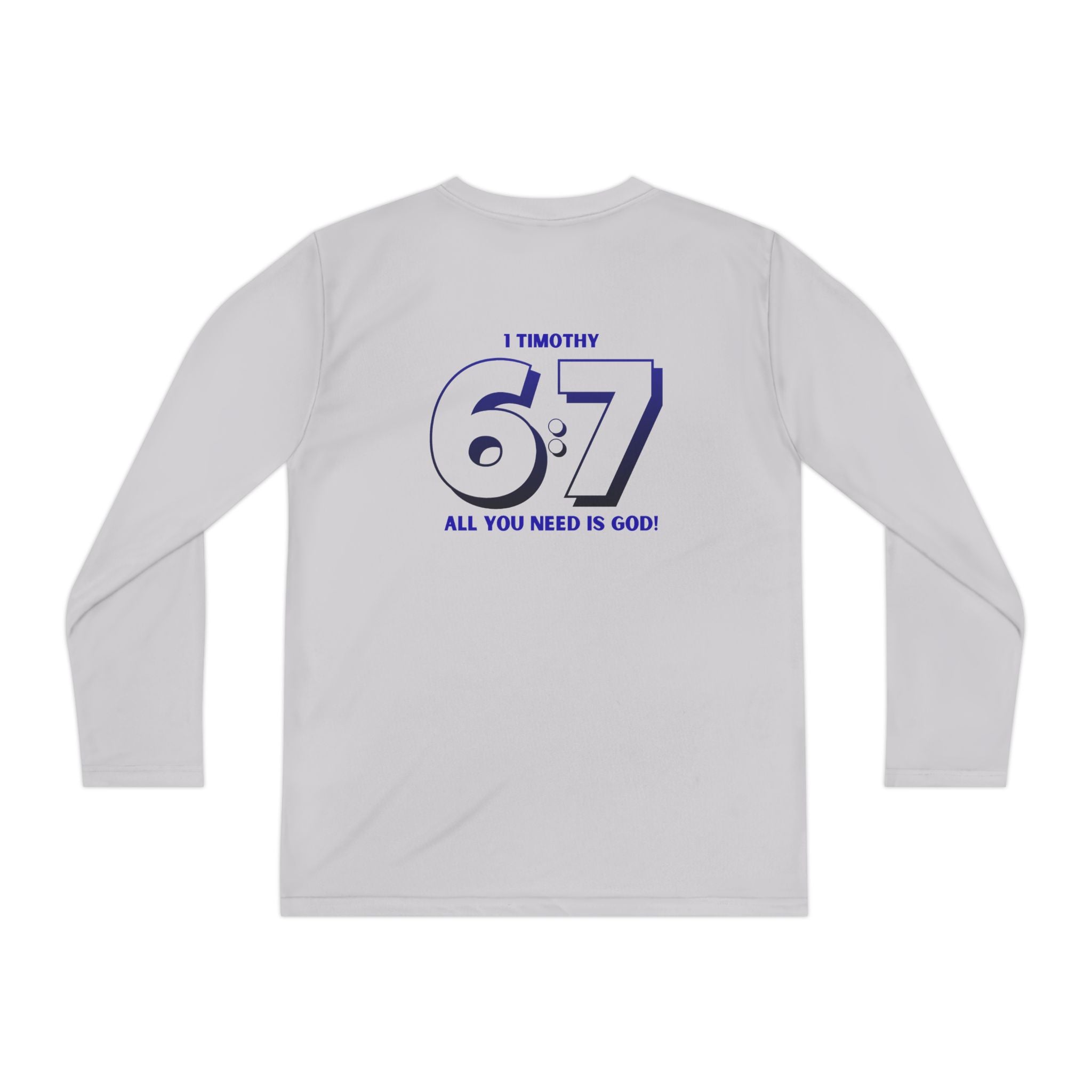 Back design - Youth Long Sleeve Tee — 1 Timothy 6:7 Faith Shirt