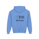 Youth Hoodie — "Jesus Has My Back" Christian Heart Cross Sweatshirt
