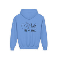 Youth Hoodie — "Jesus Has My Back" Christian Heart Cross Sweatshirt