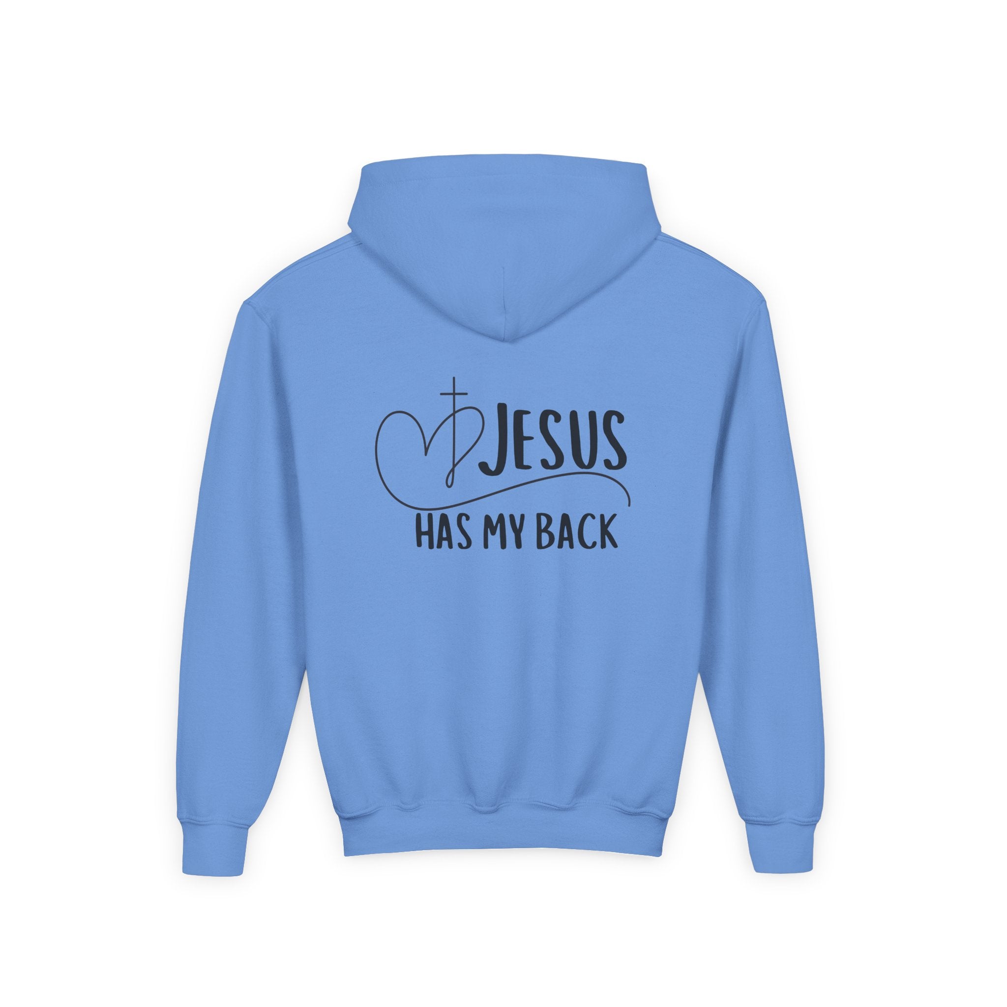 Youth Hoodie — "Jesus Has My Back" Christian Heart Cross Sweatshirt