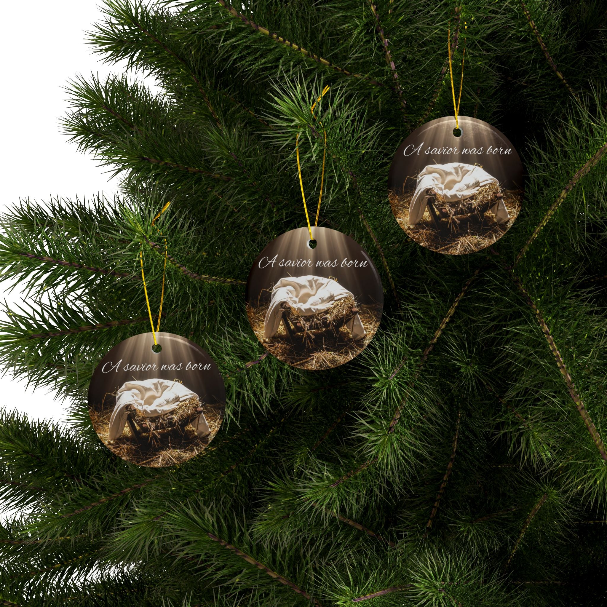 Ceramic Ornament — "A Savior Was Born" Nativity Christmas Tree Decoration