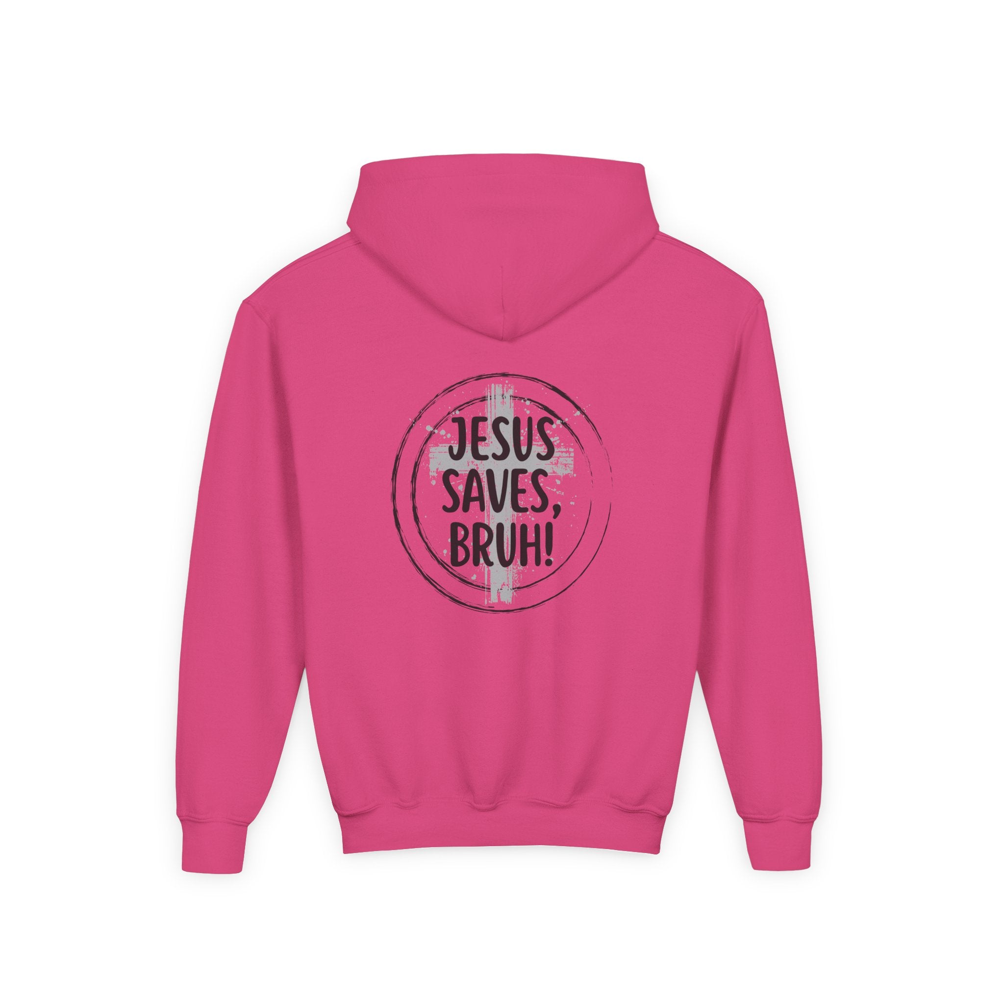 Back design Youth Hoodie - "Jesus Saves, Bruh!" Cross Christian Pullover