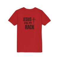 Back design - Youth Tee - "Jesus Has My Back" Cross Christian Graphic Shirt
