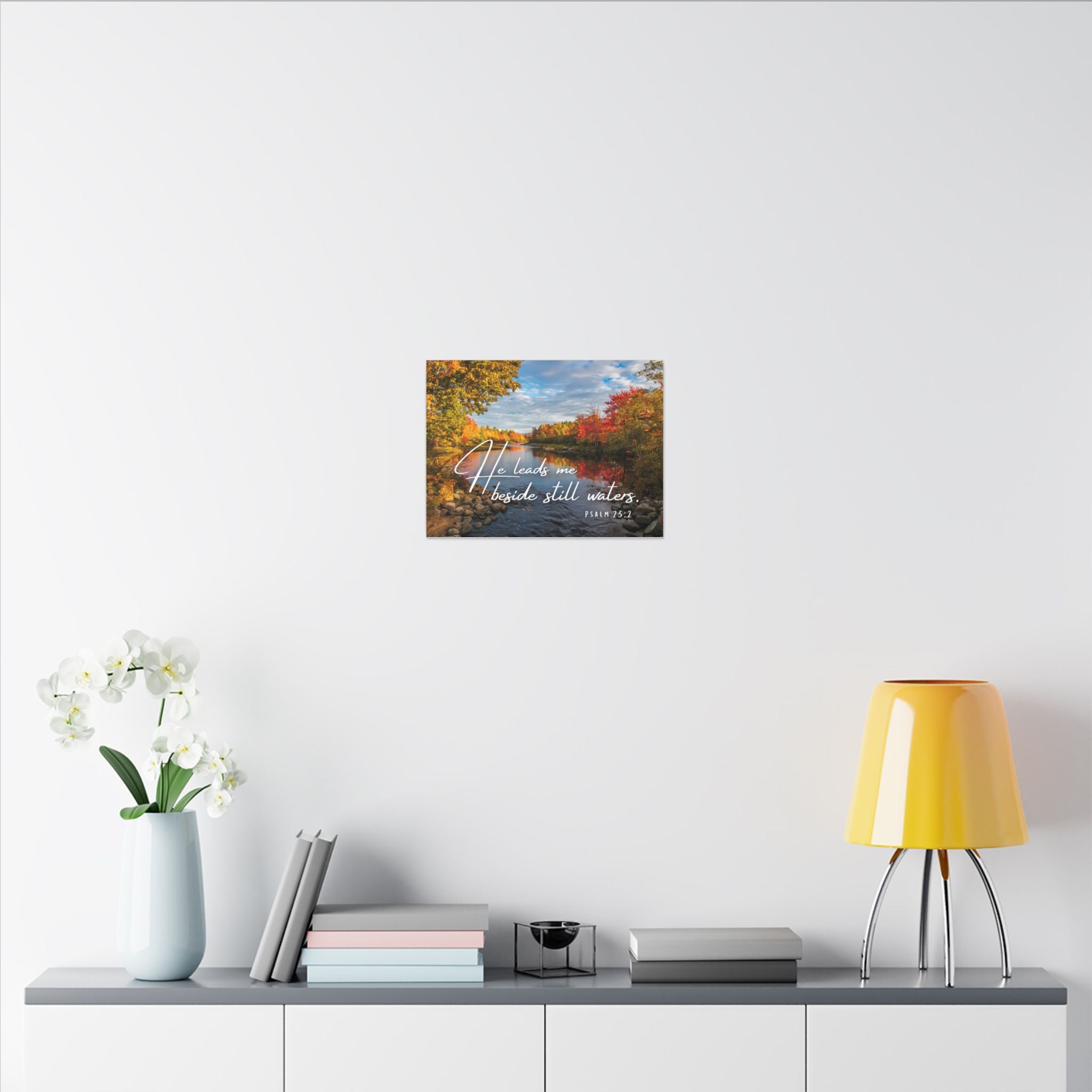 He Leads Me Beside Still Waters Matte Canvas Wall Art — Psalm 23:2 Autumn River Religious Decor