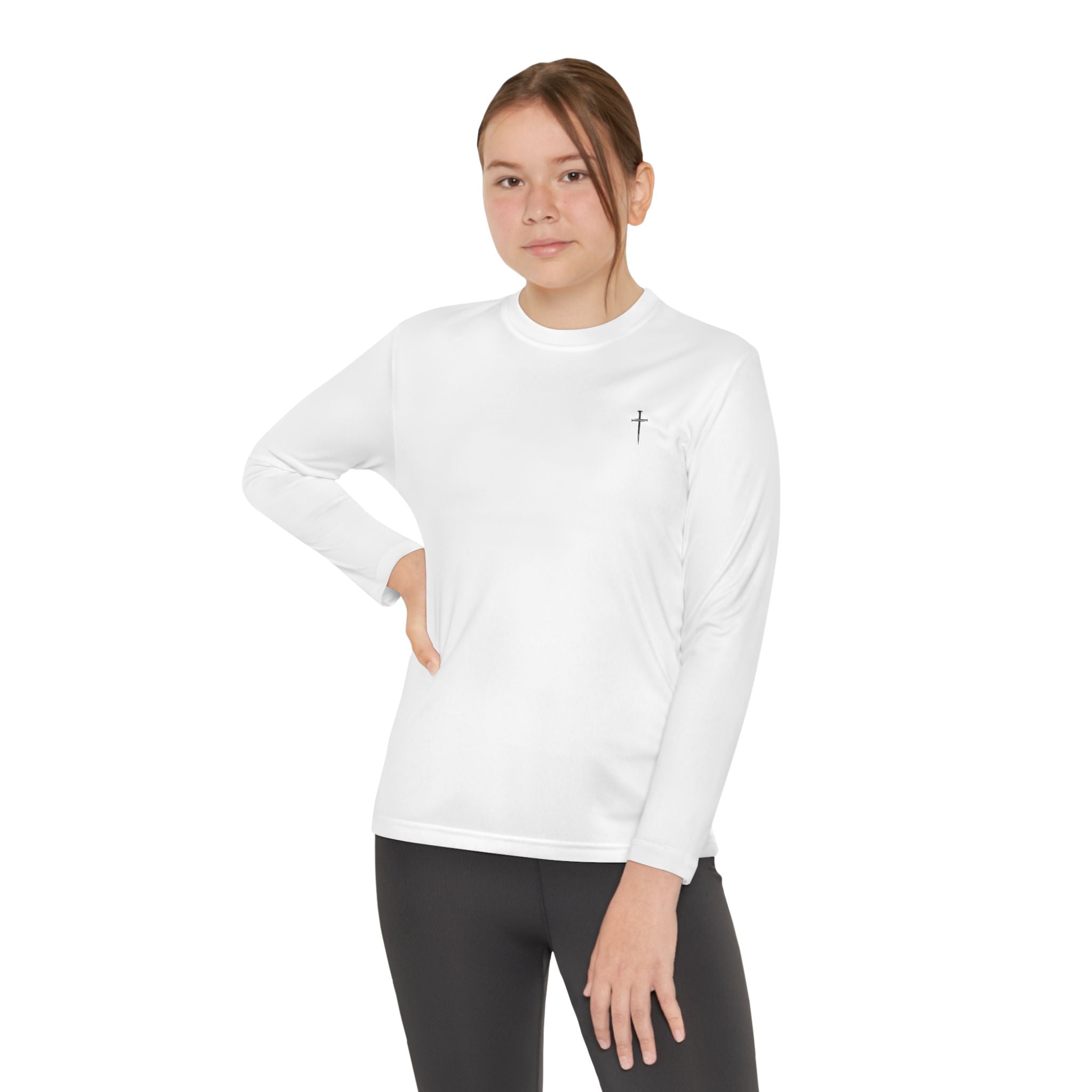 Back design - Youth Long Sleeve Tee — 1 Timothy 6:7 Faith Shirt